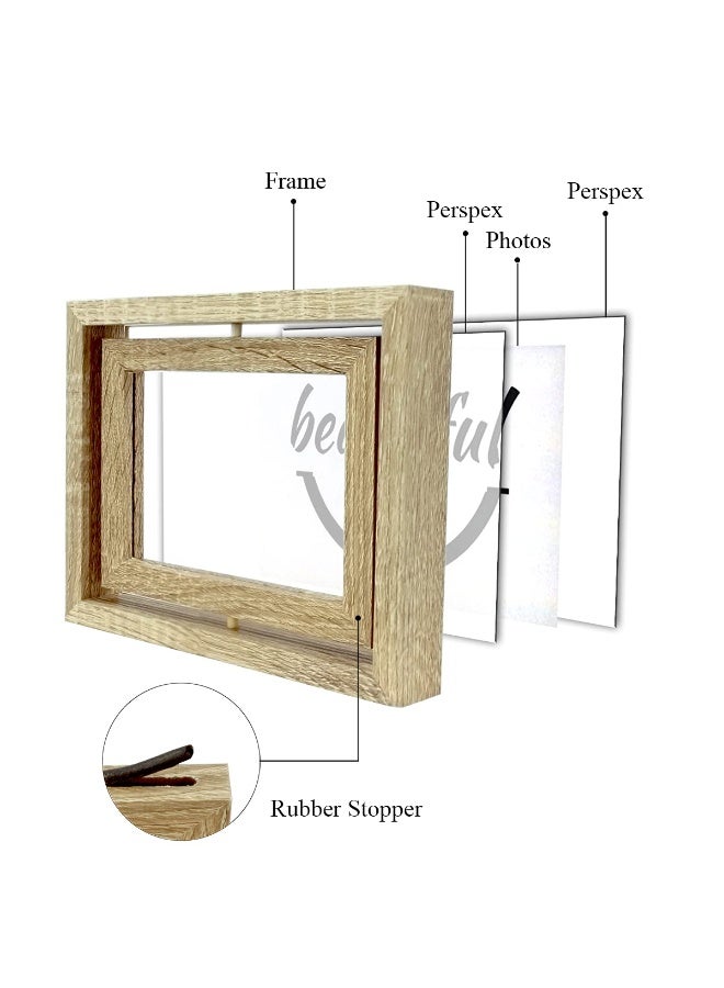 Decorhills Wooden Photo Frame 6x4 Inch Double Sided Rotational Picture Frame with Glass Window | Thick Stand Desk Table Display 15.8x20.8x3cm Natural - Image 2